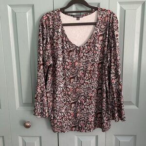 Kate & Mallory Womens Floral Bell Sleeve Blouse XL Boho Hippie Flower V-Neck